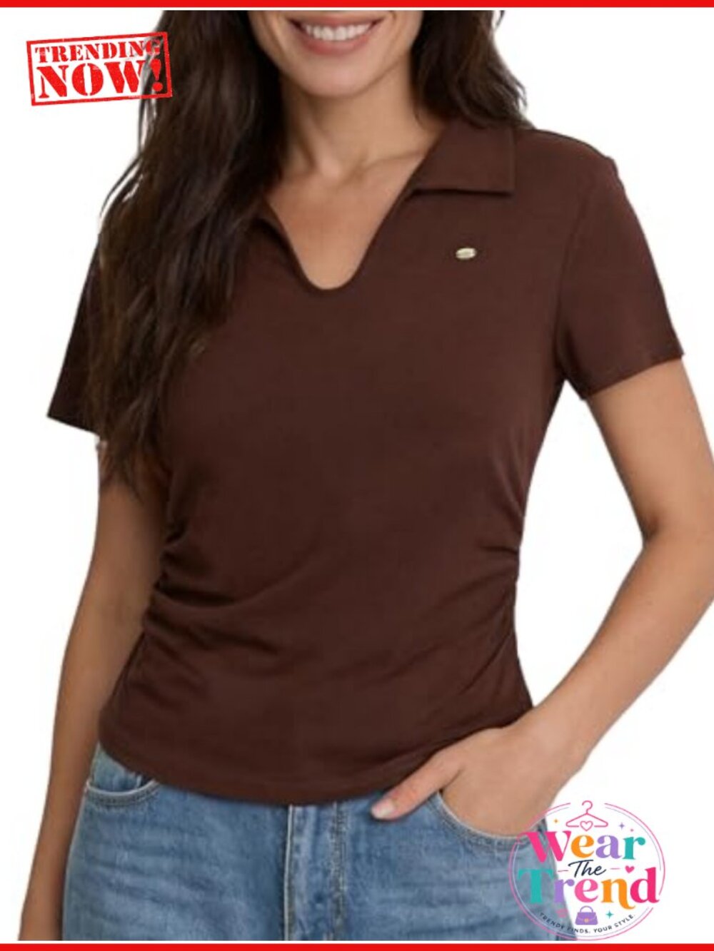 Womens V-Neck Polo Shirt Short Sleeve Collar Top Office Workwear Fitted